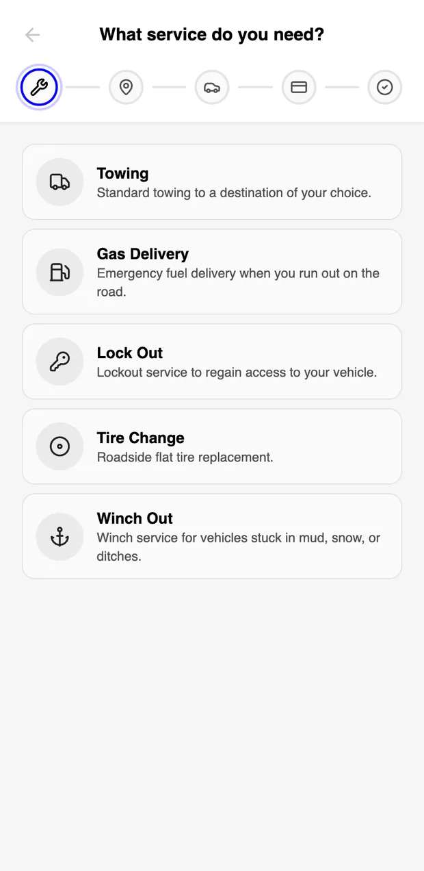 The Towcore booking widget on a phone: the customer picks a service — towing, gas delivery, lock out, tire change or winch out