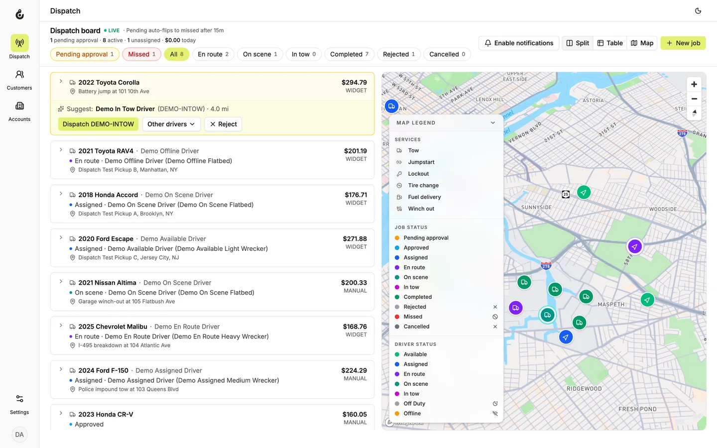 The Towcore dispatch board: a live job list beside a real-time map with color-coded driver and job markers
